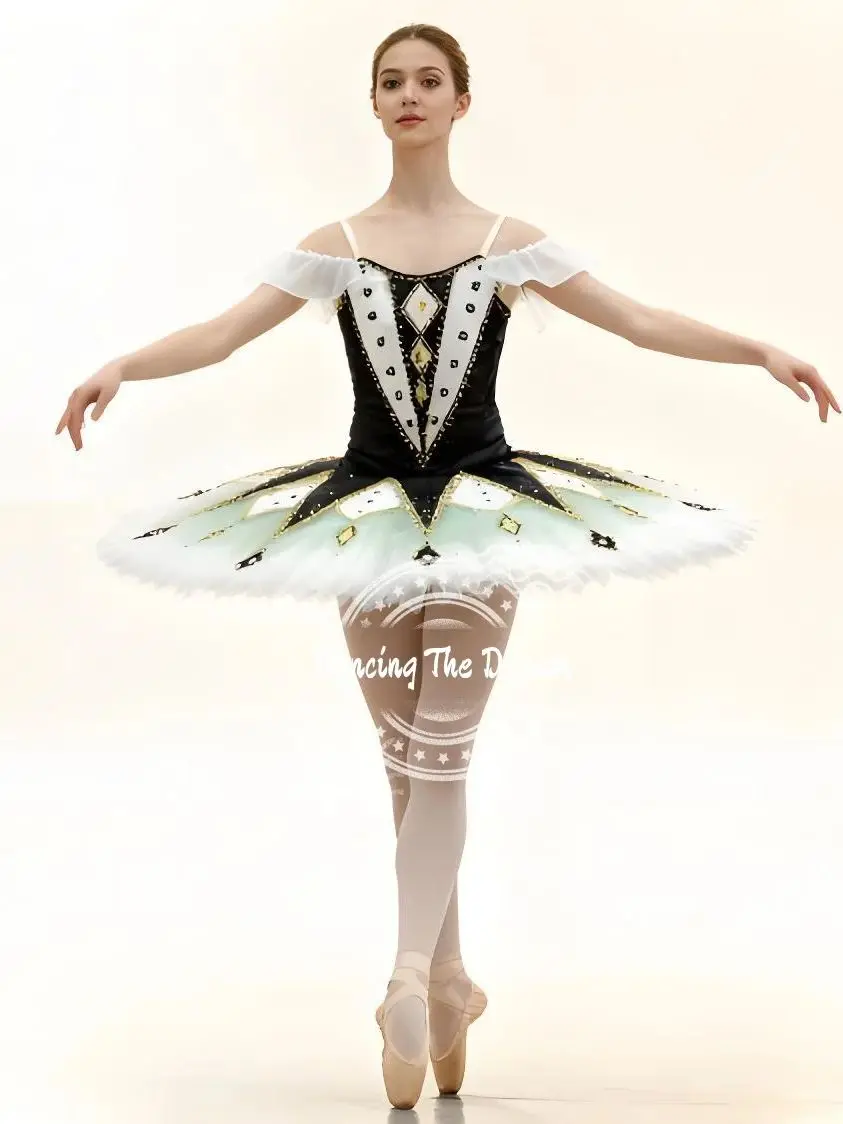 Traje de tutú de Ballet dorado geométrico blanco y negro para mujeres y niñas adultas, accesorios para actuación de baile, disfraces