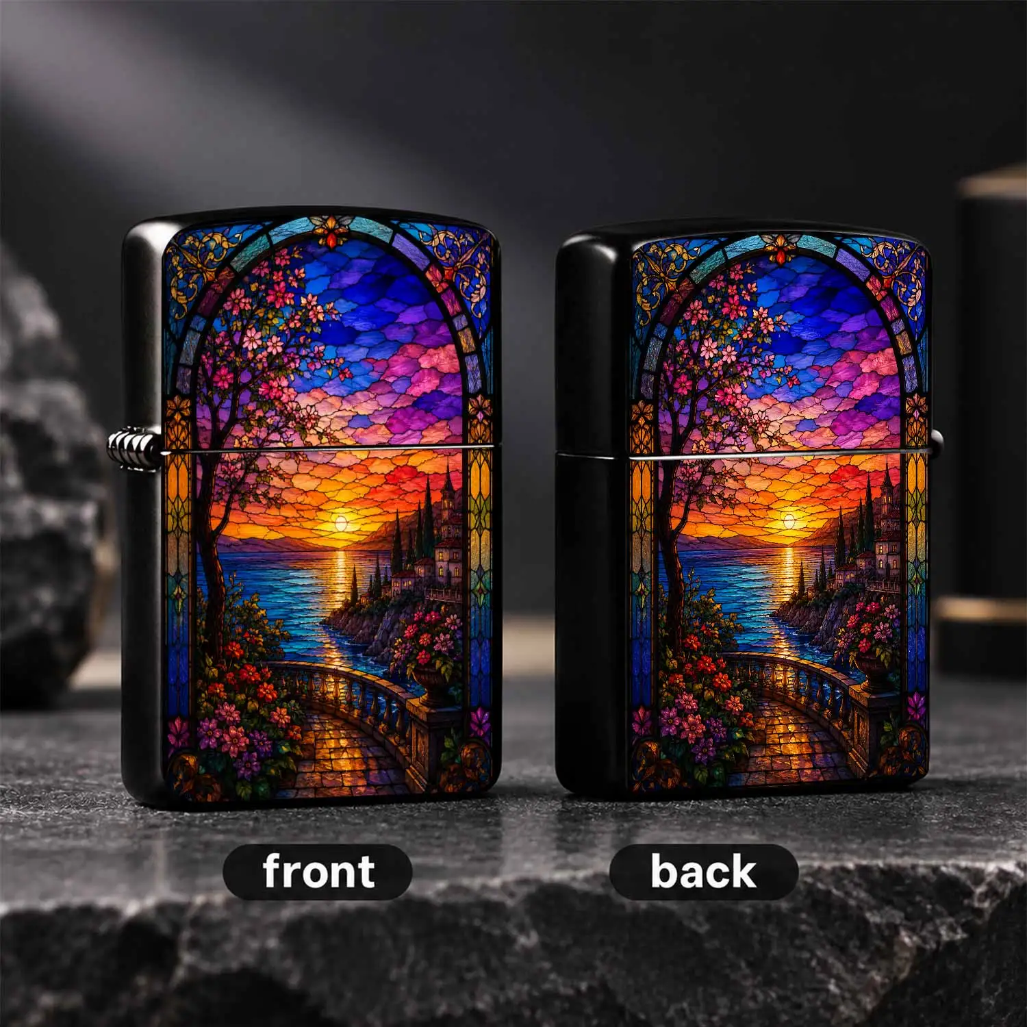 Stained Glass Style Coastal Sunset Lighter, Artistic Painted Scenery Decor, Full-Scenario Adaptable For Daily Candle Lighting, Outdoor Trips, Home Use & Gifting, Exquisite Retro Aesthetic Practical Souvenir, Premium Craftsmanship Decorative