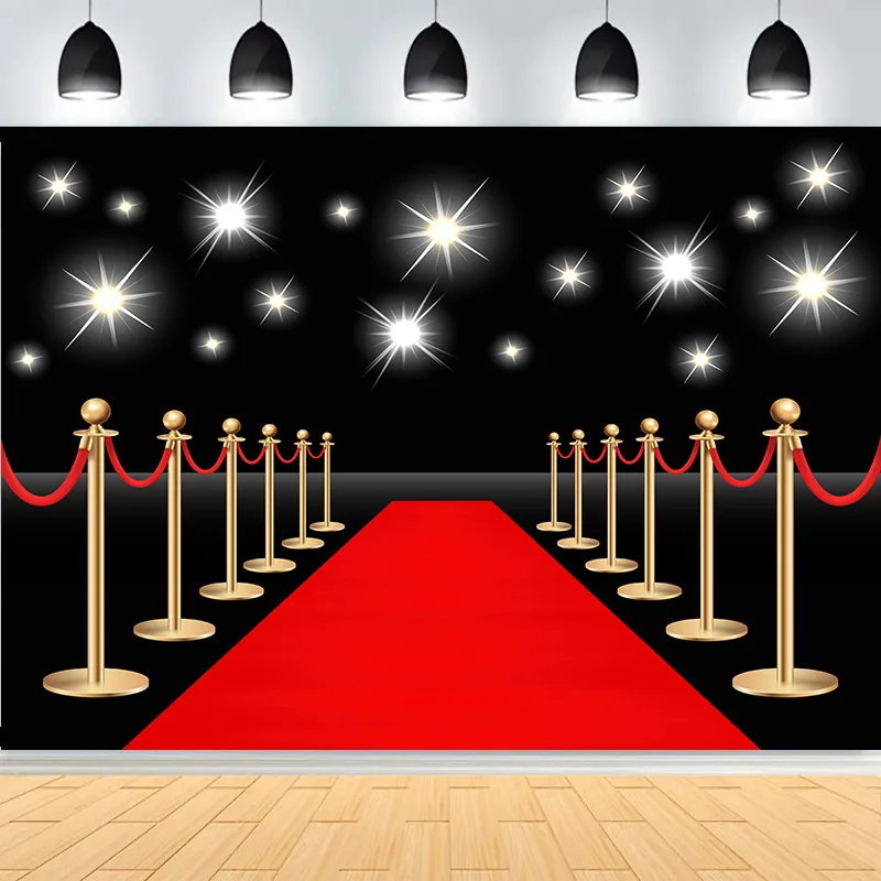 

Red Carpet Stage Shining Spotlights Photography Backdrops Stair Lighting Bollywood Golden Regal Awards Photo Background WT-01