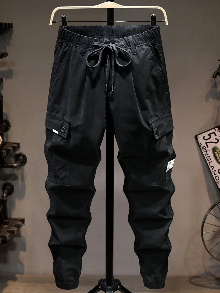 

Men's Casual Cotton Harlan Loose Fit Multi ket Workwear Pants Elastic Waist Cuffed Wide Leg Trendy Urban Faion Bla