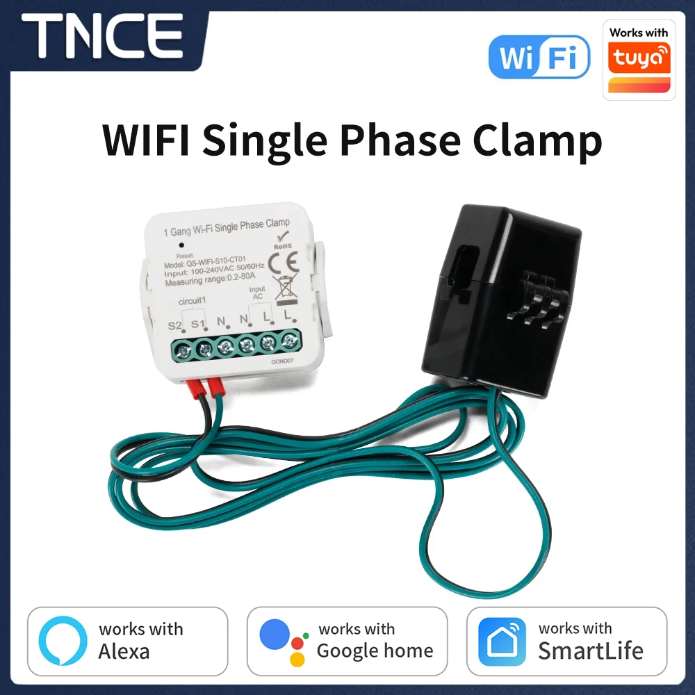 TNCE Tuya Energiemonitor WLAN 1/2-Kanal-Zählerschalter, Intelligenter Einphasen-Klemmstromwandler 80A Stromverbrauchsmonitor