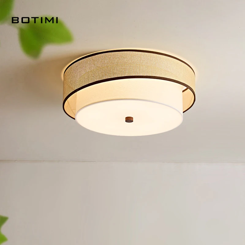 BOTIMI New Arrival 2 Layers Natural Rattan Weaving Cloth Ceiling Light For Bedroom Modern Surface Mounted Fabric Room Lighting