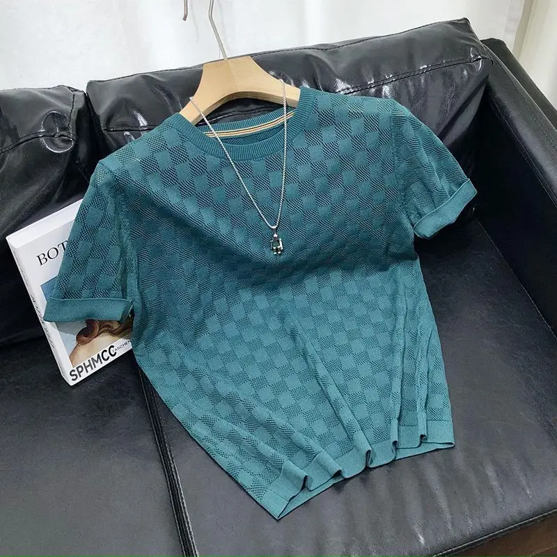 American new light luxury knitted sweater short-sleeved T-shirt men's summer hollow breathable plaid slim-fitting versatile