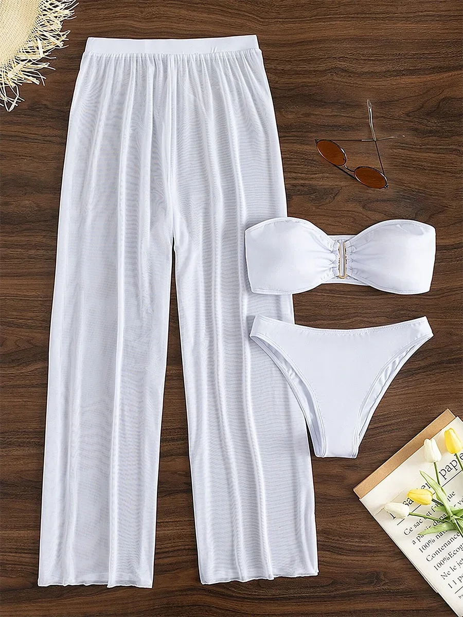 3 Pieces U Wired Bandeau Bikini 2024 Sexy Swimsuit Women & Beach Pants Swimwear Female Beachwear Bathers Bathing Swimming Suit