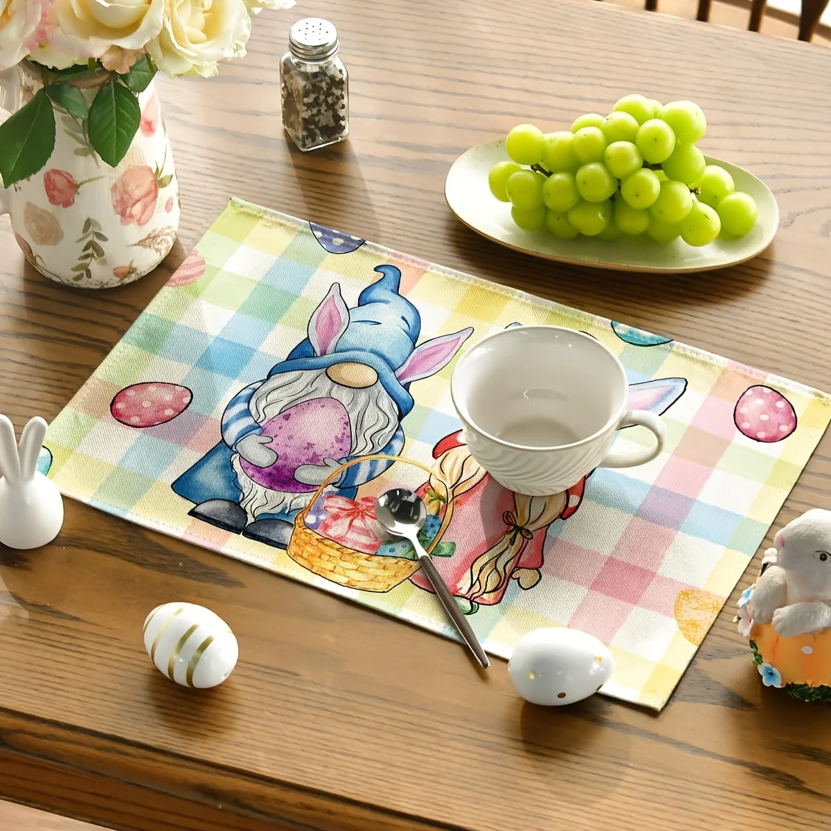 1PC Pink Green Buffalo Plaid Bunny Gnomes Eggs Easter Placemats Seasonal Table Mats for Party Kitchen Dining Decoration