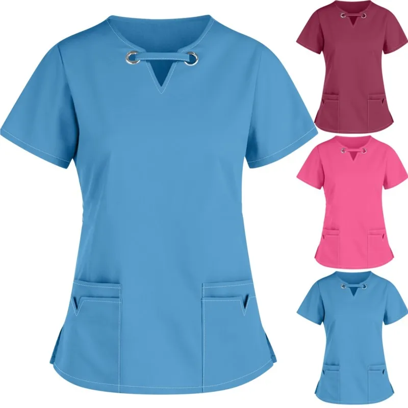 

V-neck solid nurse uniform short sleeved scrubs top Work Uniforms Doctors Surgical suit Hospital Beauty Salon Nursing Blouse