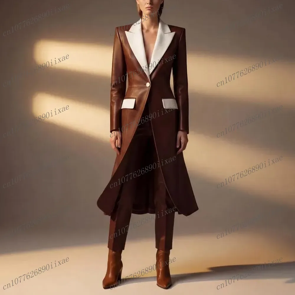 

Бело-коричневый кожаный женский костюм для торжественных случаев, свадеб, вечеринок, деловых встреч, выпускных вечеров, для мам, твидовый костюм-двойка (пиджак и брюки)