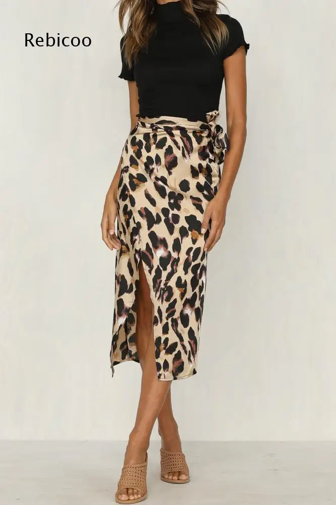 Women Leopard Print Wrap Midi Skirt Side Tie Knot Design High Slit Silky Smooth Fabric Mid Length Skirt For Party Daily Outfits