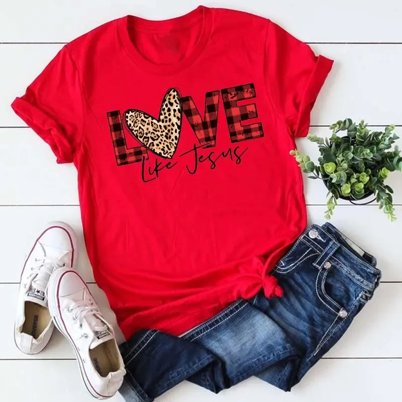 Maycaur Fashion Women T Shirt Love Heart Printed T Shirt Casual Red Tops 90s Valentine's Shirt Female Harajuku Graphic Tshirt