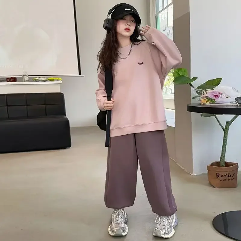 2026 new autumn winter girl cloth pink sweatshirt loose + Ankle-tied pant teenagers child set 4 5 7 8 9 10 11 12 14 15 year