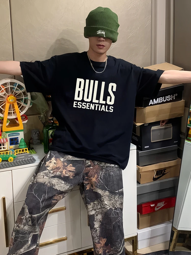 

FOG MIKI entials American High Street Casual Couple ort Sve T-irt Men Summer Loose Fit Printed round Ne Cotton 00%