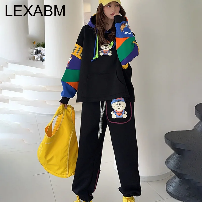 

Cartoon Print Oversized Hoodies Sweatershirts 2 Piece Set Woman Outits Casual Pocket Pant Sets 2025 Autumn Winter Y2k Clothes