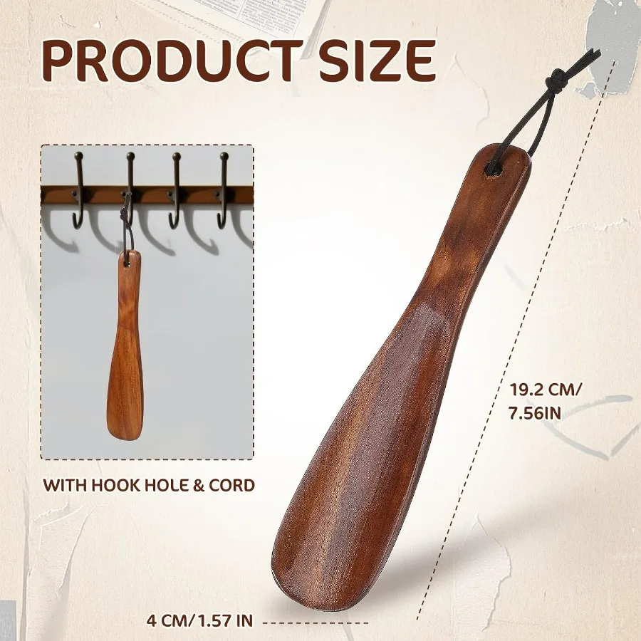 1Pc Wooden Short Handle Shoe Horn, Retro Design with Leather Lanyard, Shoes Helper for Seniors & Pregnant Women, Brown