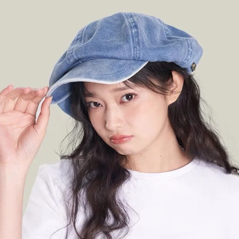 ผู้หญิงล้างเก่า DENIM Beret วรรณกรรม Big Head Cloud หมวกฤดูใบไม้ผลิและฤดูร้อน VINTAGE ญี่ปุ่น Newsboy หมวก