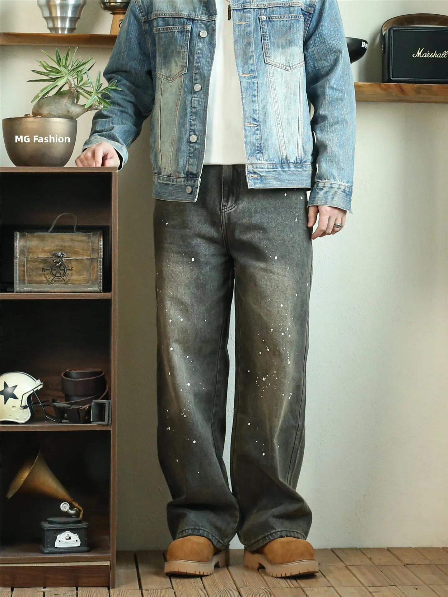 

American Sle Cleanfit High Street Splaed Ink Jeans Loose Straight Leg Wide Leg Retro Faded Men's Trendy Spring Autumn