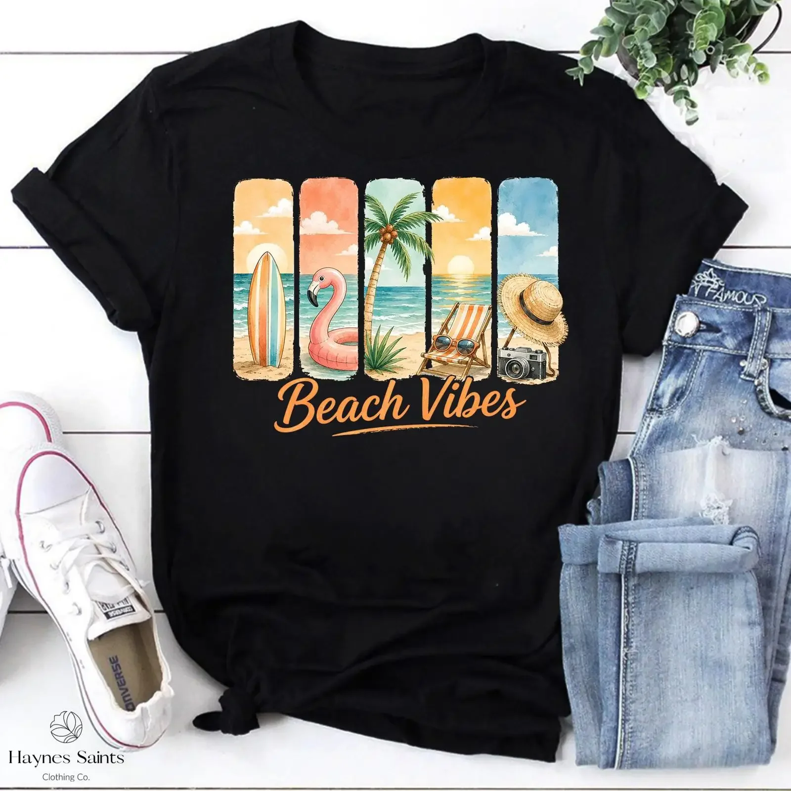 Beach Vibes T Shirt Summer Vacation Tropical Coastal Sunset Surfboard Flamingo Lover  vintage Washed Unisex Casual graphic
