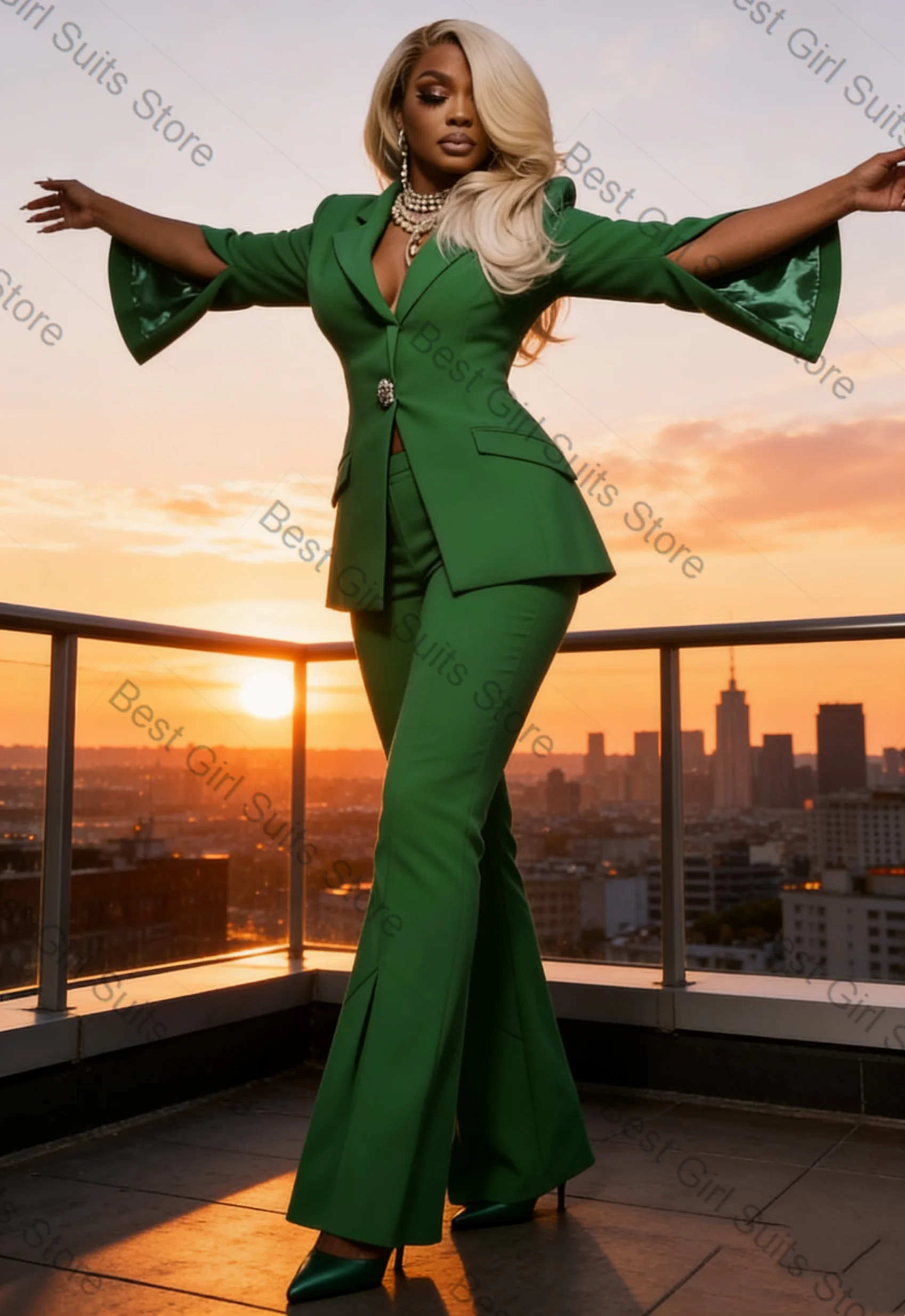 Green Fashion Women Suit Set 2 Pcs Blazer Pants Trousers Split Cuff Formal Office Jacket Customized Wedding Tuxedo Guest Coat