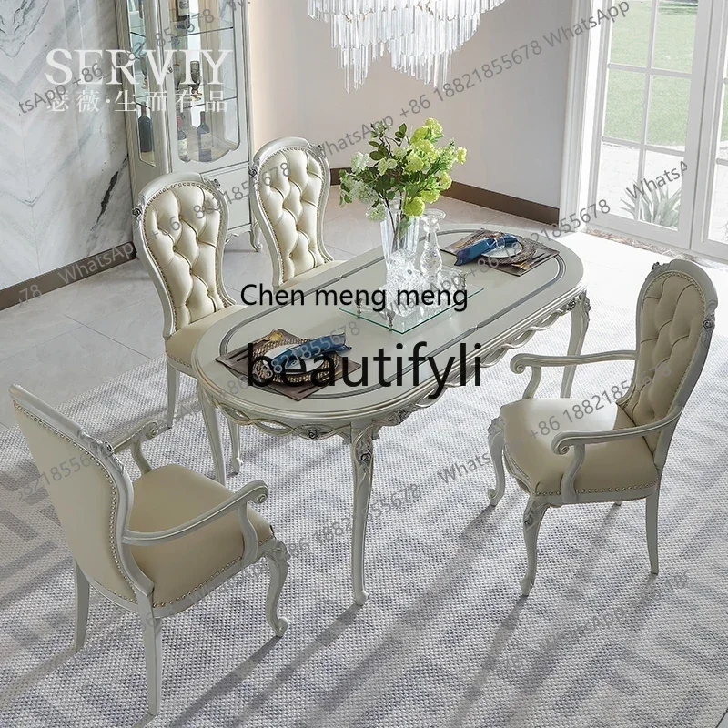 

French light luxury solid wood long round dining table European luxury carved leather high-end dining table and chairs2936