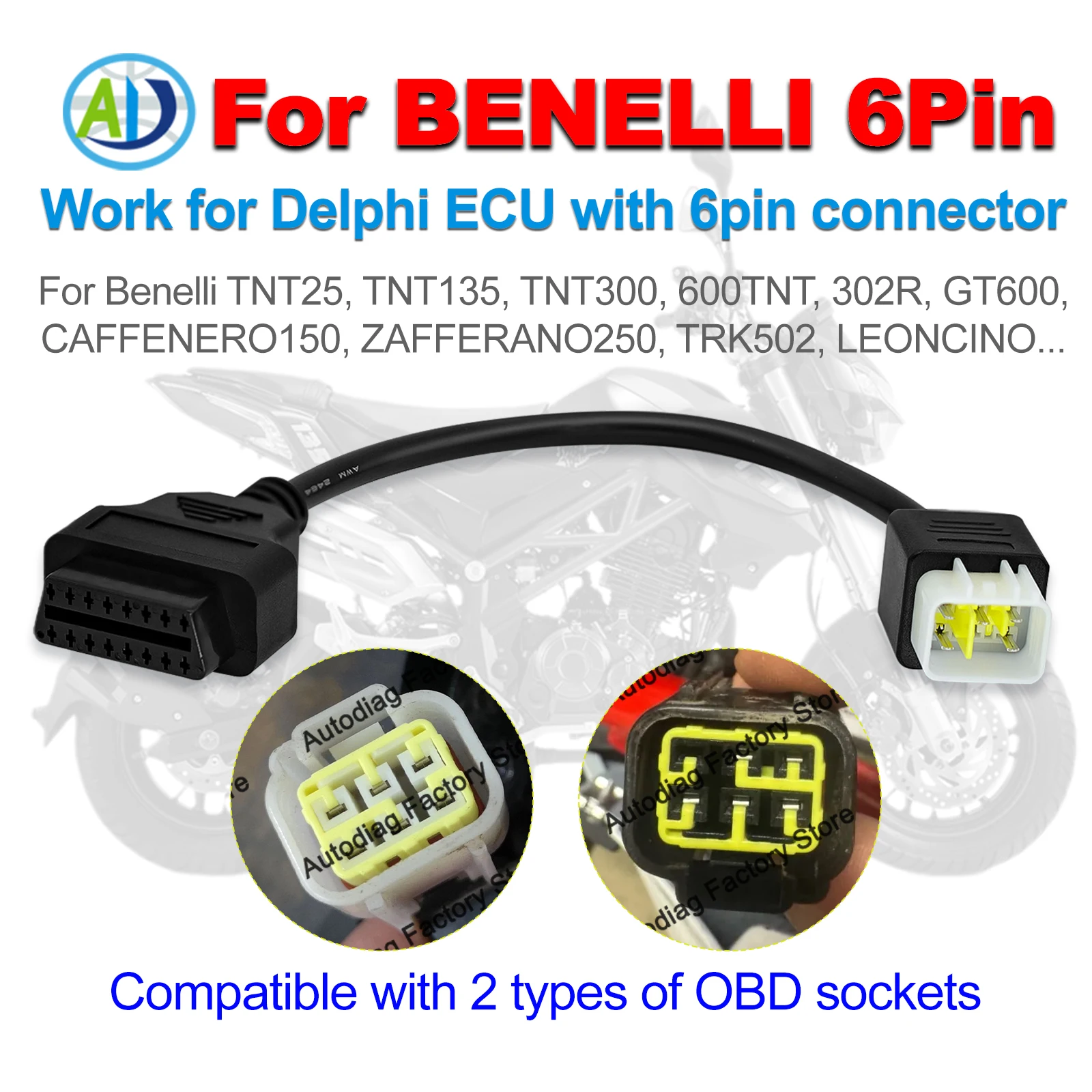 

6Pin Motorcycle OBD Adapter For Benelli TNT 25/135/300/600,GT600,302R,TRK502,LEONCINO ECU Diagnostic Connector For BOSCH Delphi