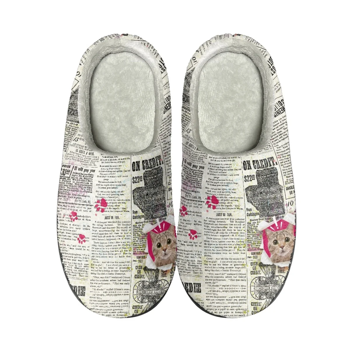 Literary Newspaper Style Cute Cat Pattern Cotton Slipper Unisex Trend Comfortable Soft Plush Shoes Dirt Resistant Non-slip Flats