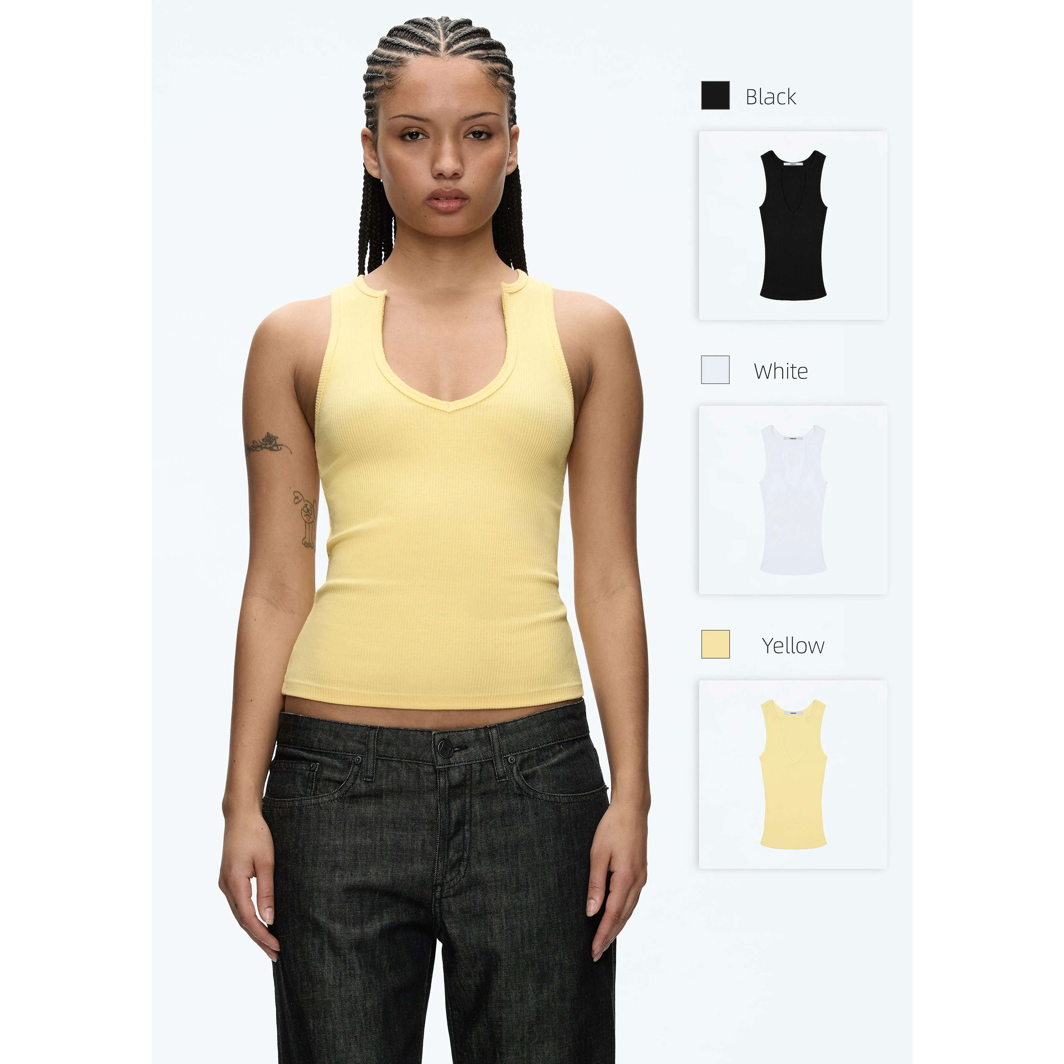 Tank Bright Yellow Wide Shoulder Strap Deep V-Neck Vest Fringed Design Sense Ribbed I-Shaped Back Short Top