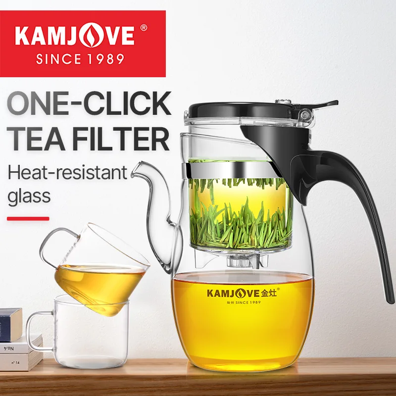 

KAMJOVE Press Art Tea Cup Glass Tea Pot Exquisite Filters 304 Stainless Steel For Food Contact Use Teapot 600ml Glass Tea Set
