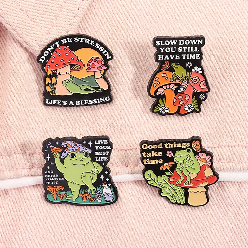 Don't Be Stressin' Life's a Blessing Enamel Pin Cute Mushroom Frog Positive Quote Mental Health Brooch Lapel Badge Jewelry Gifts
