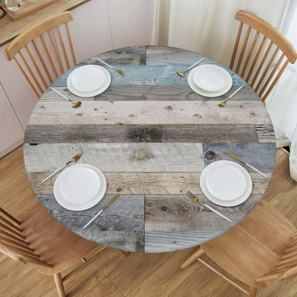 Round Table Cloth Farmhouse Wood Tablecloth Elastic Edge Fitted Table Cover Fits Tables Up To 40