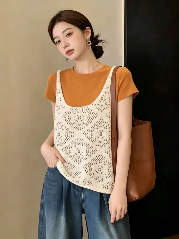 Bohemian Style Hollow out Strap Vest Top Orange Pumpkin Two Piece Set Summer 2026 plus Size Women's Fashion Commute Wind