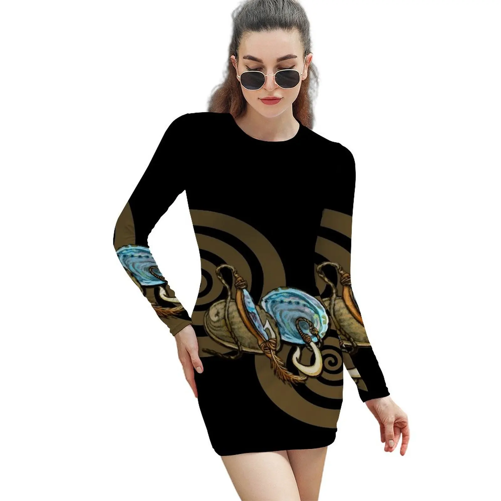 

Abalone with Historic Maori Fishing Hooks Long-Sleeved Sheath Dress Women's dress birthday dress Female clothing