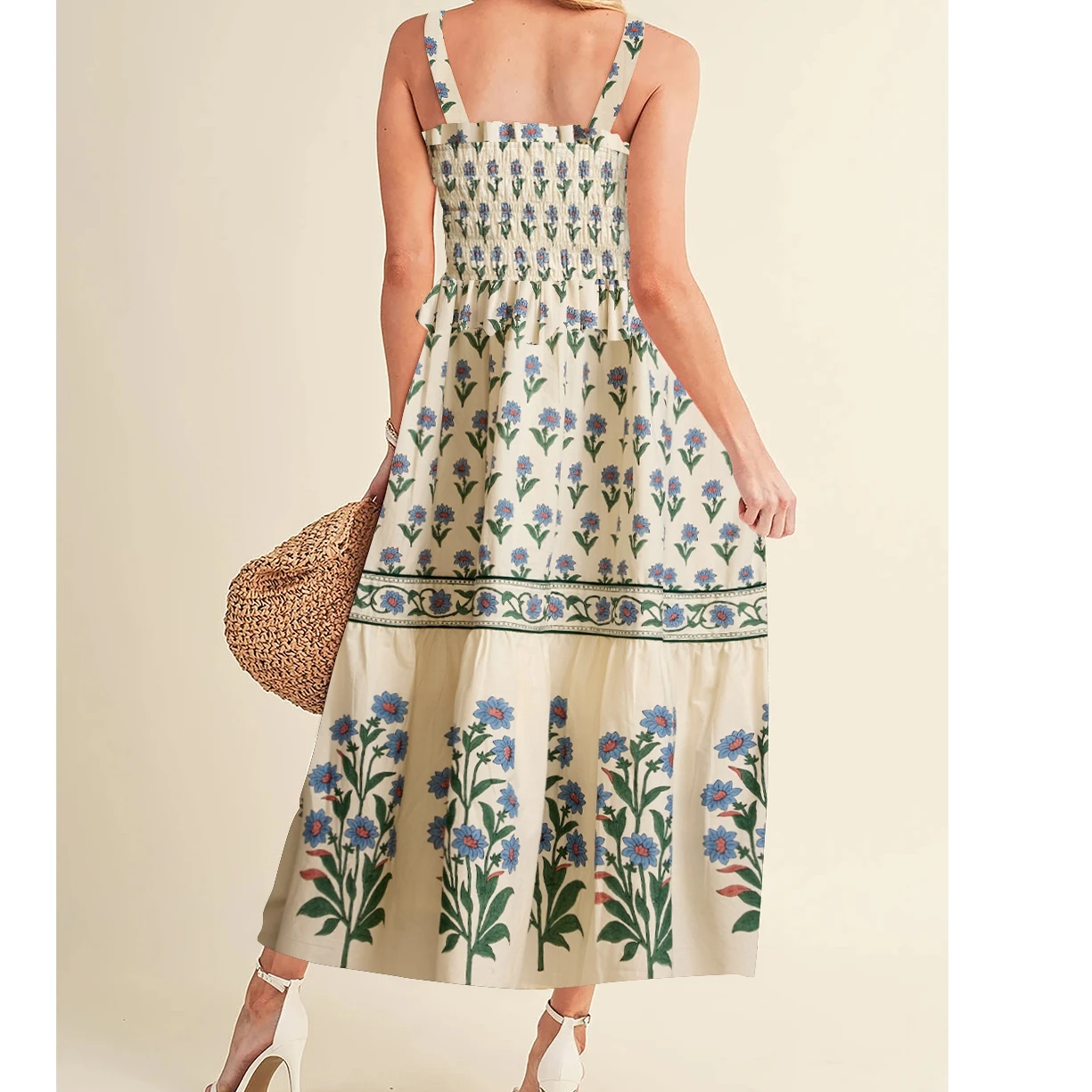 2025 New Collection Women Flower Print Long Dress Sleeveless Slim Fit Bodycon Tierred Dress Summer Fitted Dress Casual
