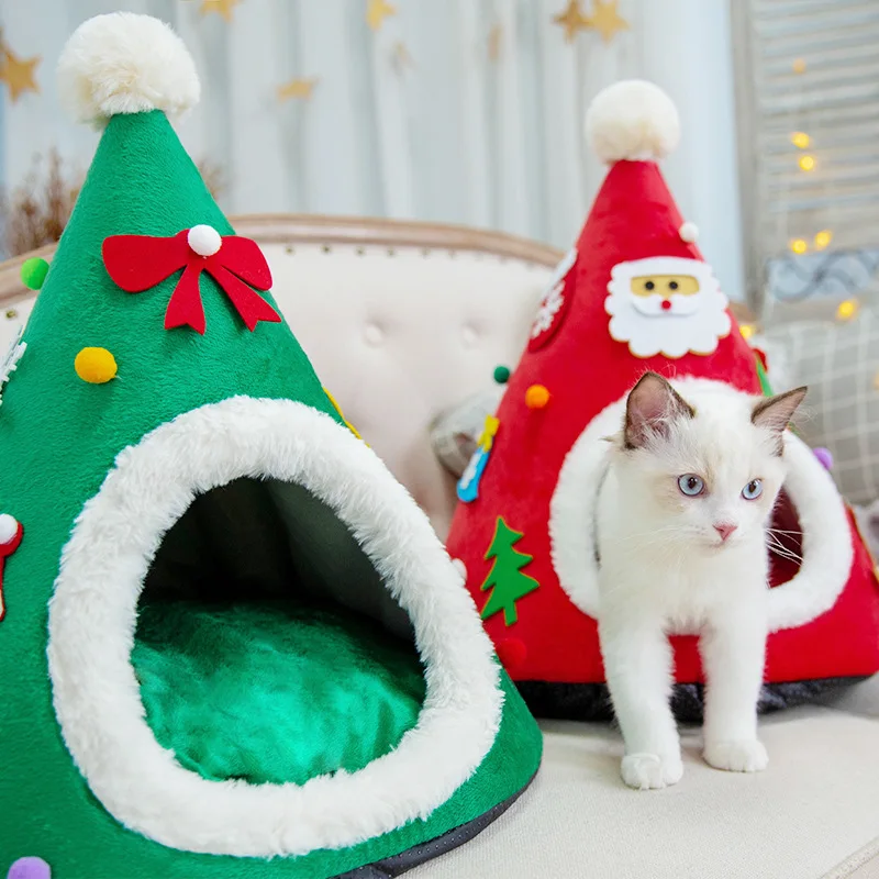 New Christmas Exclusive Cats Nest Detachable Mat Semi Closed Cat Hole Tent Winter Warm Dog Nest Christmas Tree Shape Pets House