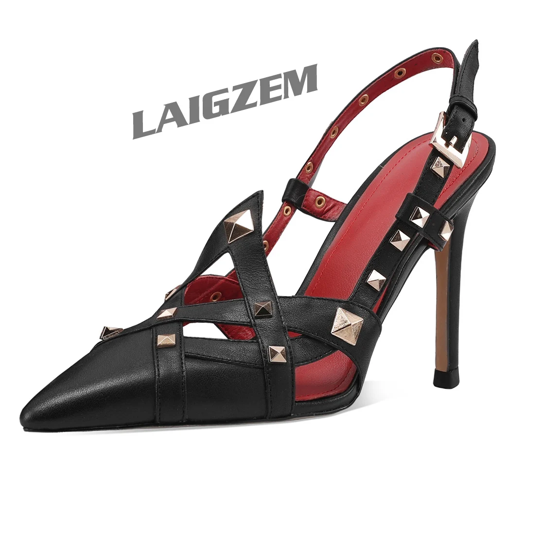 LAIGZEM Women Pumps Pointed Toe Studded Real Leather Rivets 9CM Thin Heels Sandals Ladies Party Handmade Shoes Woman Size 39 41