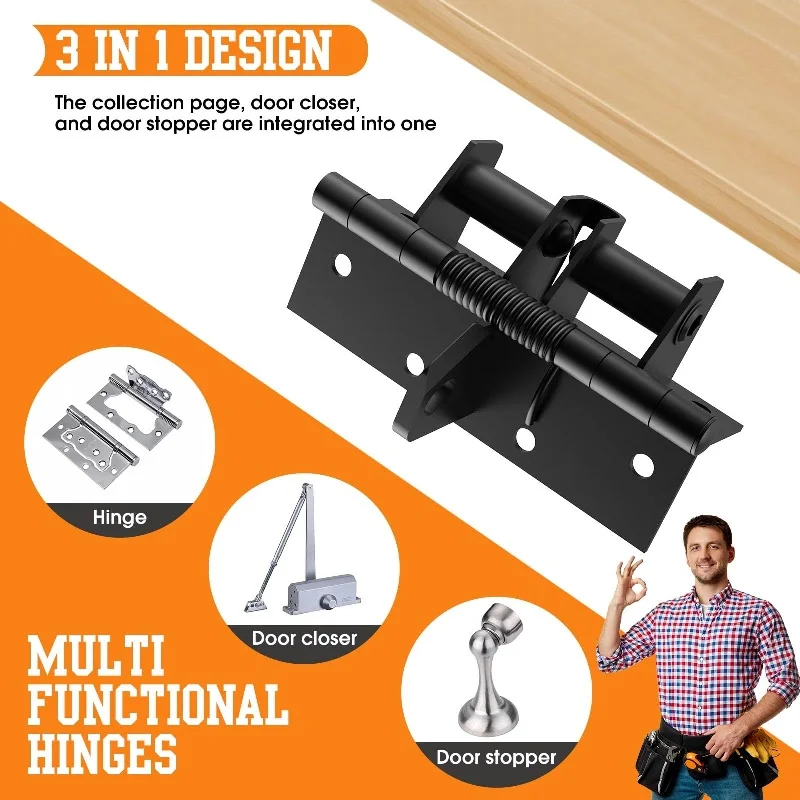 Multifunctional 3 In 1 Heavy Duty Automatic Door Closer,Self Closing Invisible Doors Spring Hinges,90° Positioning Door Stopper
