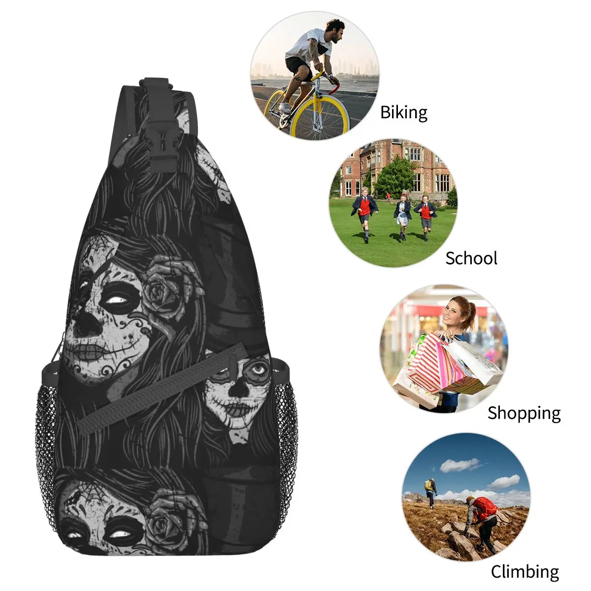 Sugar Skulls Dia De Los Muertos Sling Bag Chest Crossbody Shoulder Backpack Outdoor Sports Daypacks Mexican Death Festival Bags