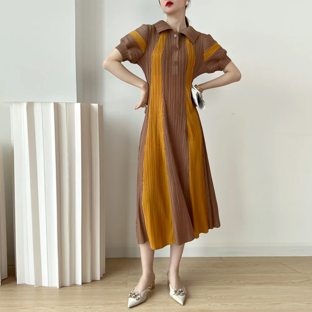 

Miyake Pleated 2024 Summer New High end Spliced Large Hem Dress Elegant and Versatile Mid length Dress for Commuting