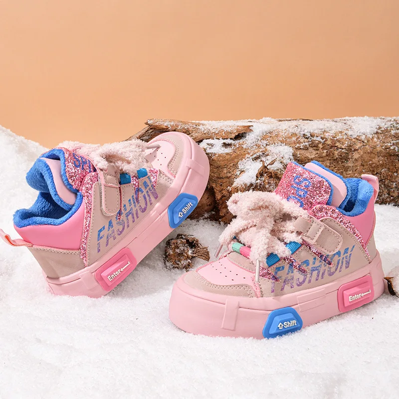 Girls Sneakers 2023 Winter Kids Fashion Brand High Top Casual Running Sports Shoes Toddler Flats Boys Warm Fur Glitter Soft Sole