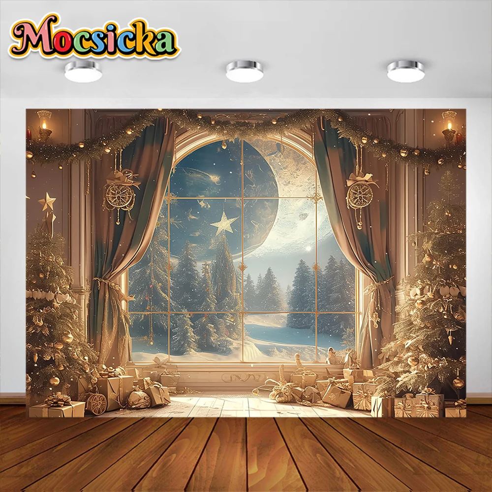 خلفية التصوير الفوتوغرافي تحت عنوان عيد الميلاد ، شجرة عيد الميلاد ، نافذة القمر ، ديكور الحفلات ، صورة عائلية ، خلفية صورة للاستوديو ، الأطفال