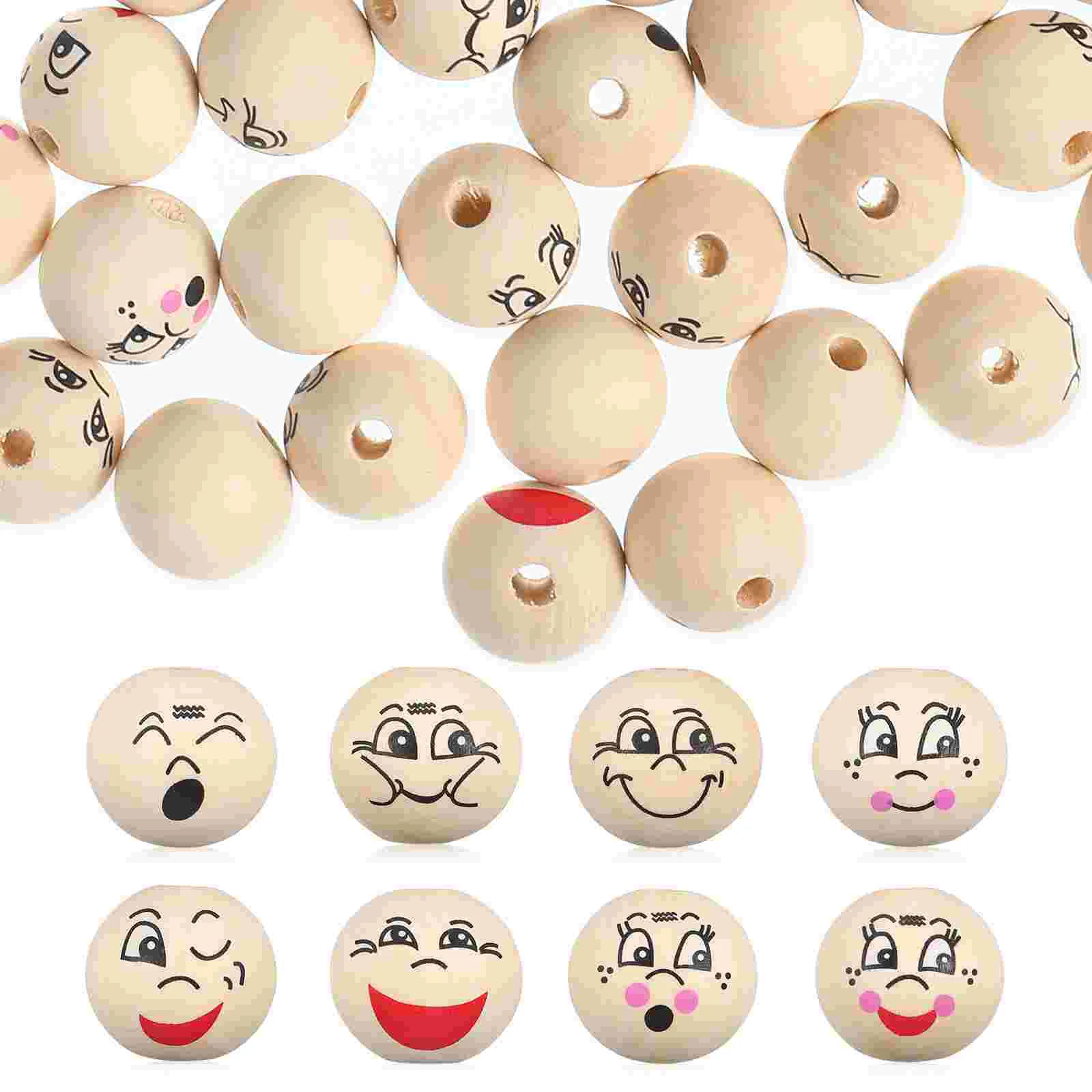 80 Pcs Wooden Beads Round Bulk Smile Face Decorative Craft Loose For Jewelry Making