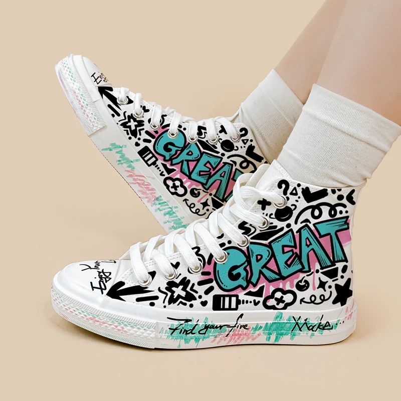 Amy and Michael Original Design Fashion Trendy Women Casual Sneakers Hand Painted Graffiti Canvas Shoes Individual High Top Shoe