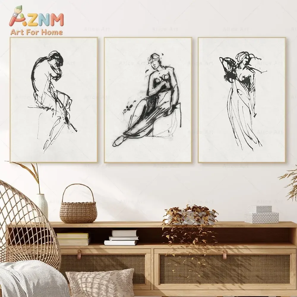 AZNM Abstract Human Figure Sketch Canvas Wall Art Black Line Drawing Vintage Body Art Print Frameless Canvas Painting Living Roo