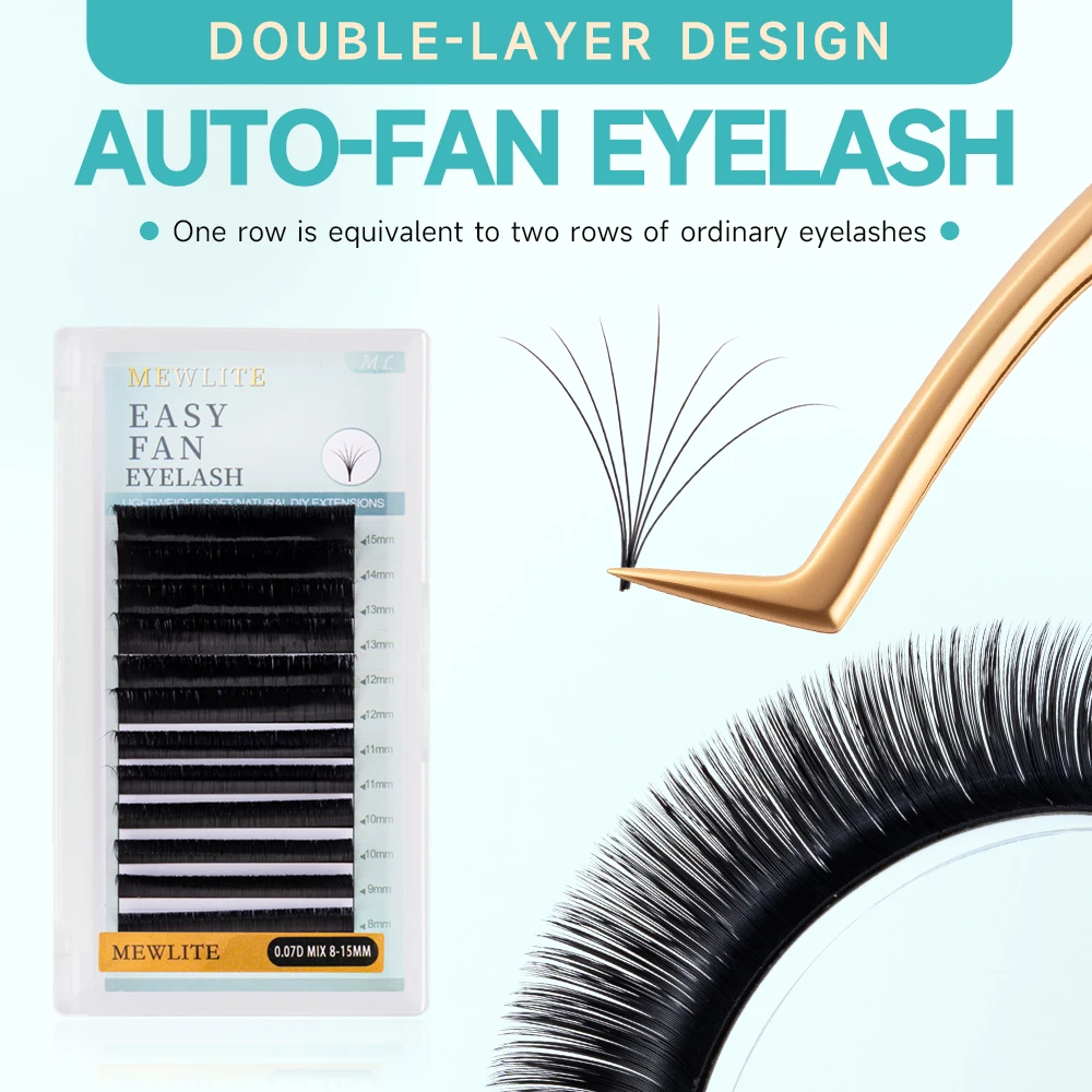 MewLite 12 rangées d'extensions de cils 3D Easy Fan - Styles mixtes Volume 3D Conception de floraison automatique Longueurs mixtes (8-15 mm)