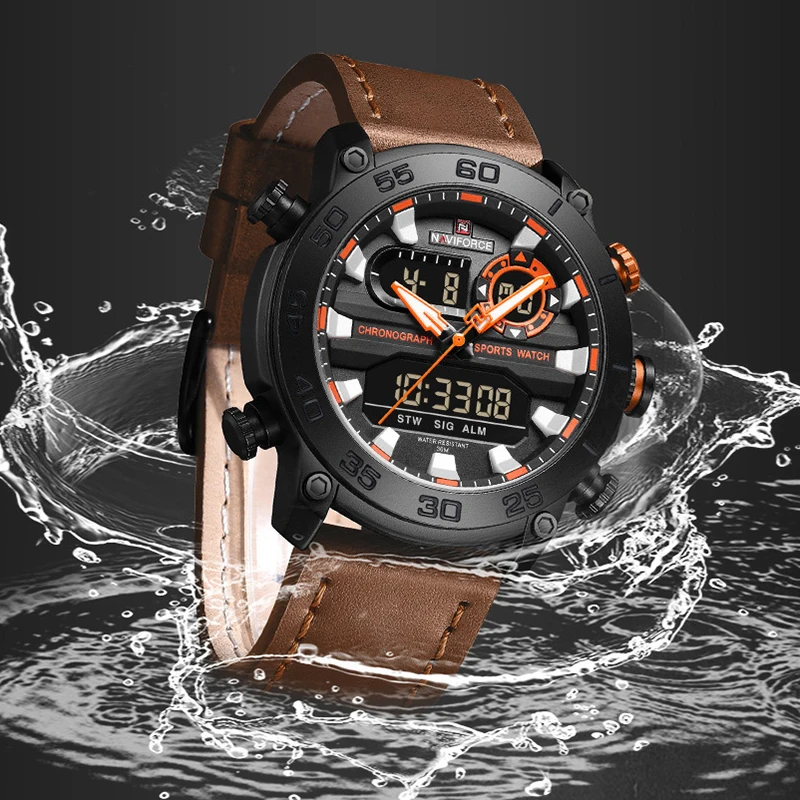 NAVIFORCE Man Watch Military Sports Analog  Fashion Leather Quartz Wristwatches Day and Date Display Waterproof Clock Male Gift