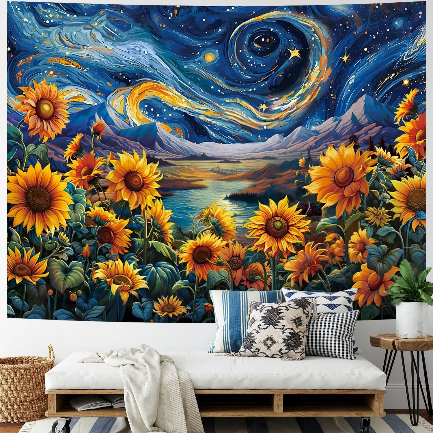 Sunflower Starry Sky Tapestry Galaxy Space Wall Tapestries psychedelic Mountain River Tapestries Fantasy Landscape Tapestry for