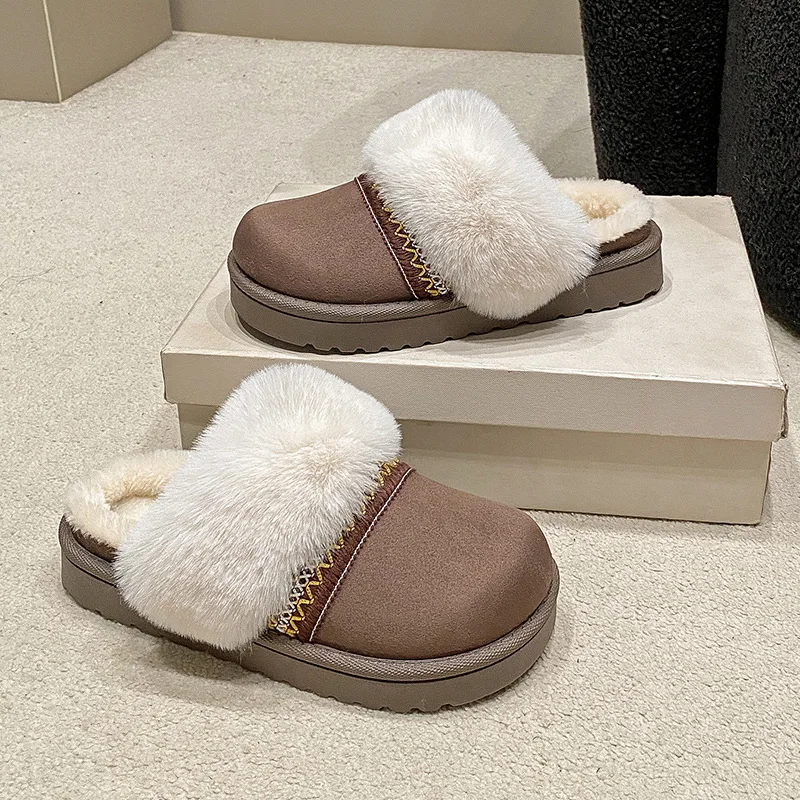 2025 الشتاء الجلد المدبوغ الراحة سميكة وحيد نعال مسطحة موضة جديدة مستديرة رئيس دافئ كبير الحجم النعال غير رسمية للنساء 36-41 #2