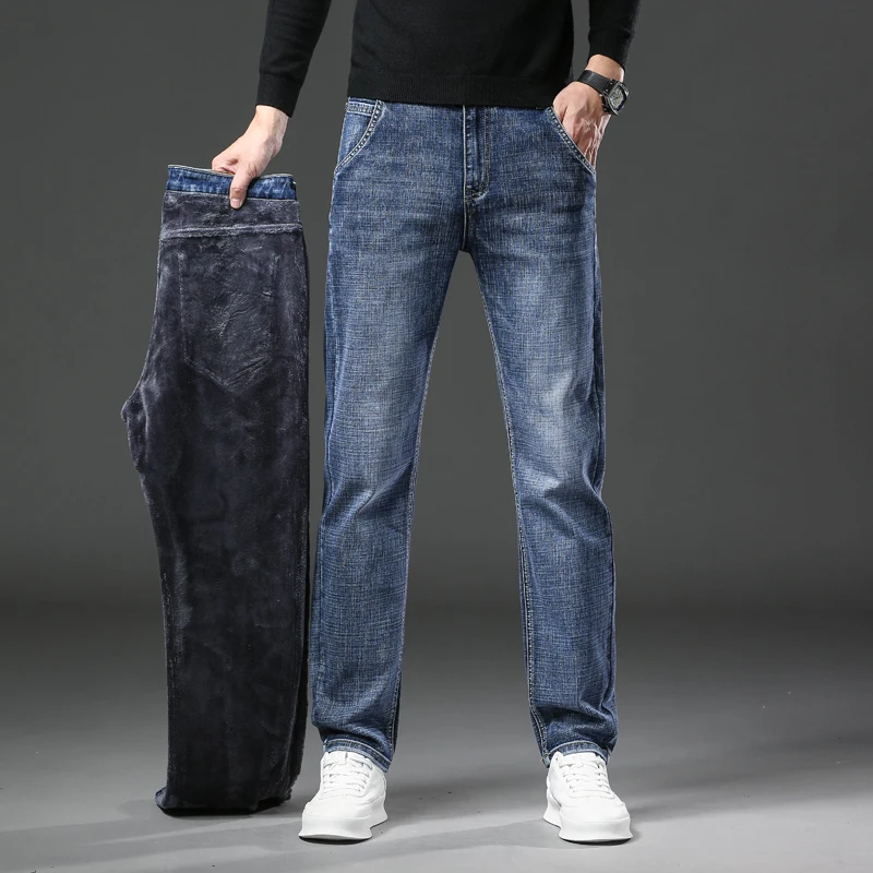 Retro Winter New Fleece Slim Stretch Jeans Fashion Warm Straight Casual Plush Thick Velvet Male Brand Denim Trousers