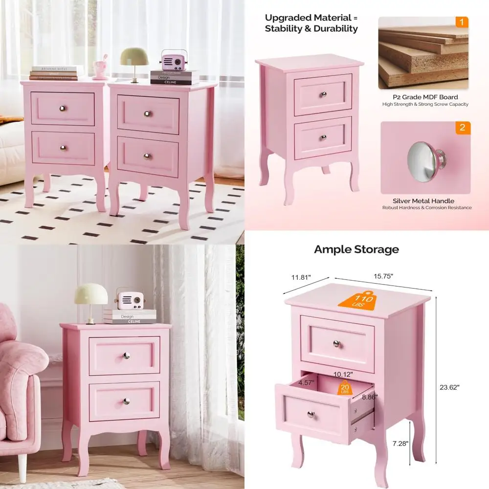 New Nordic Solid Wood Nightstand, Cream Style Bedroom, Leather Bedroom, Popular Pink and Blue Electric Bedroom Storage Cabinet