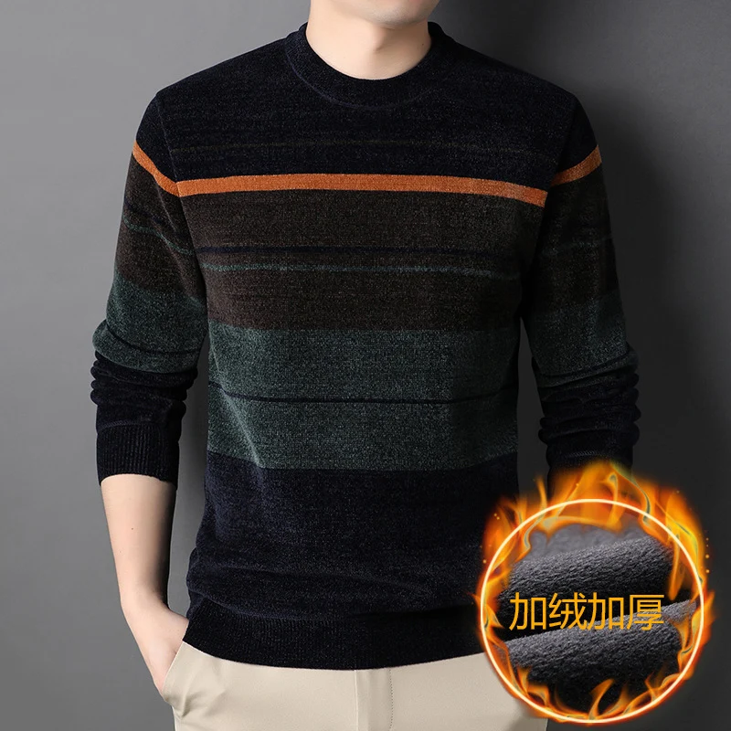 

Autumn Winter Round Neck Vintage Striped Casual Sweater Male Loose All-match Pullover Jumpers Hombre Add Plush Knitting Top Men