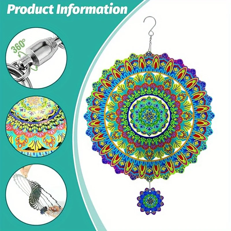 CIFBUY 3D Mandala Wind Chime Metal Spinner with 360 Rotating Hook Vibrant Hanging Ornament for Garden Patio Outdoor Indoor Home