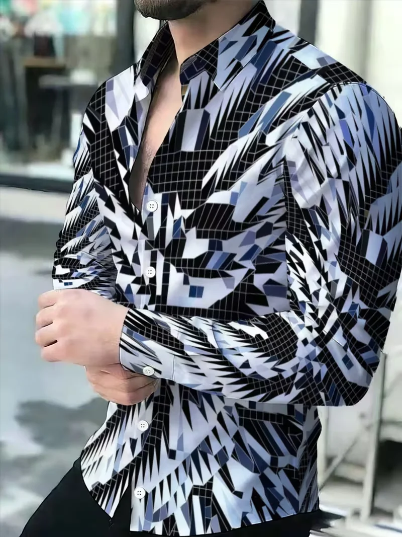 New men's retro steampunk long sleeved shirt with blue-green patchwork mecha bird totem men's satin lapel top